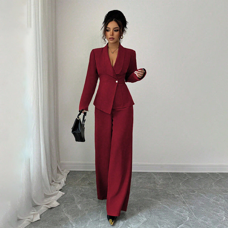 Women's Long-Sleeve Suit Jacket with Straight-Leg Pants Set