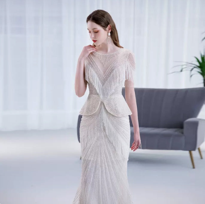 Luxury Cream Tassel Fishtail Evening Dress