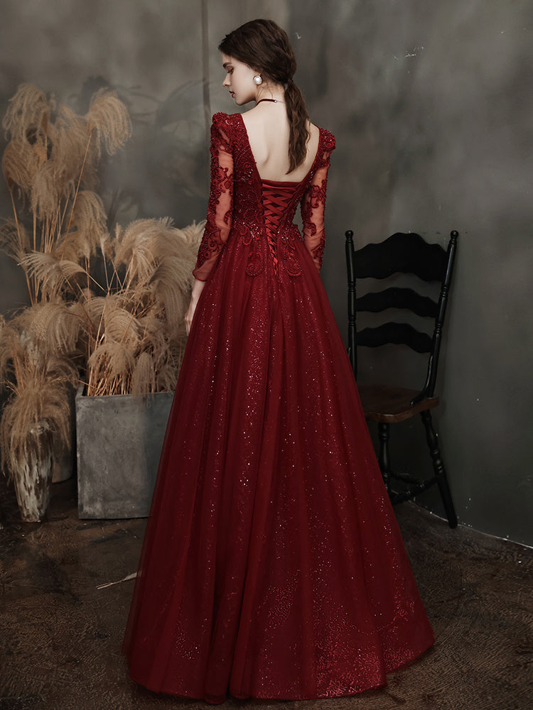 Robe de soirée sirène bordeaux à col carré et bretelles pour femme