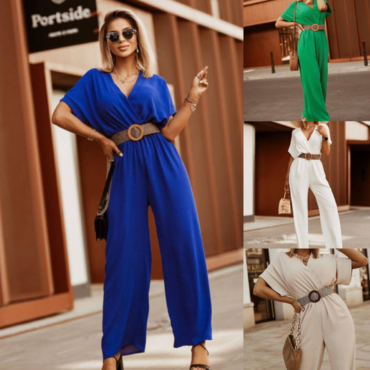 New Short Sleeve V-Neck Doll Sleeve Elastic Waist Jumpsuit