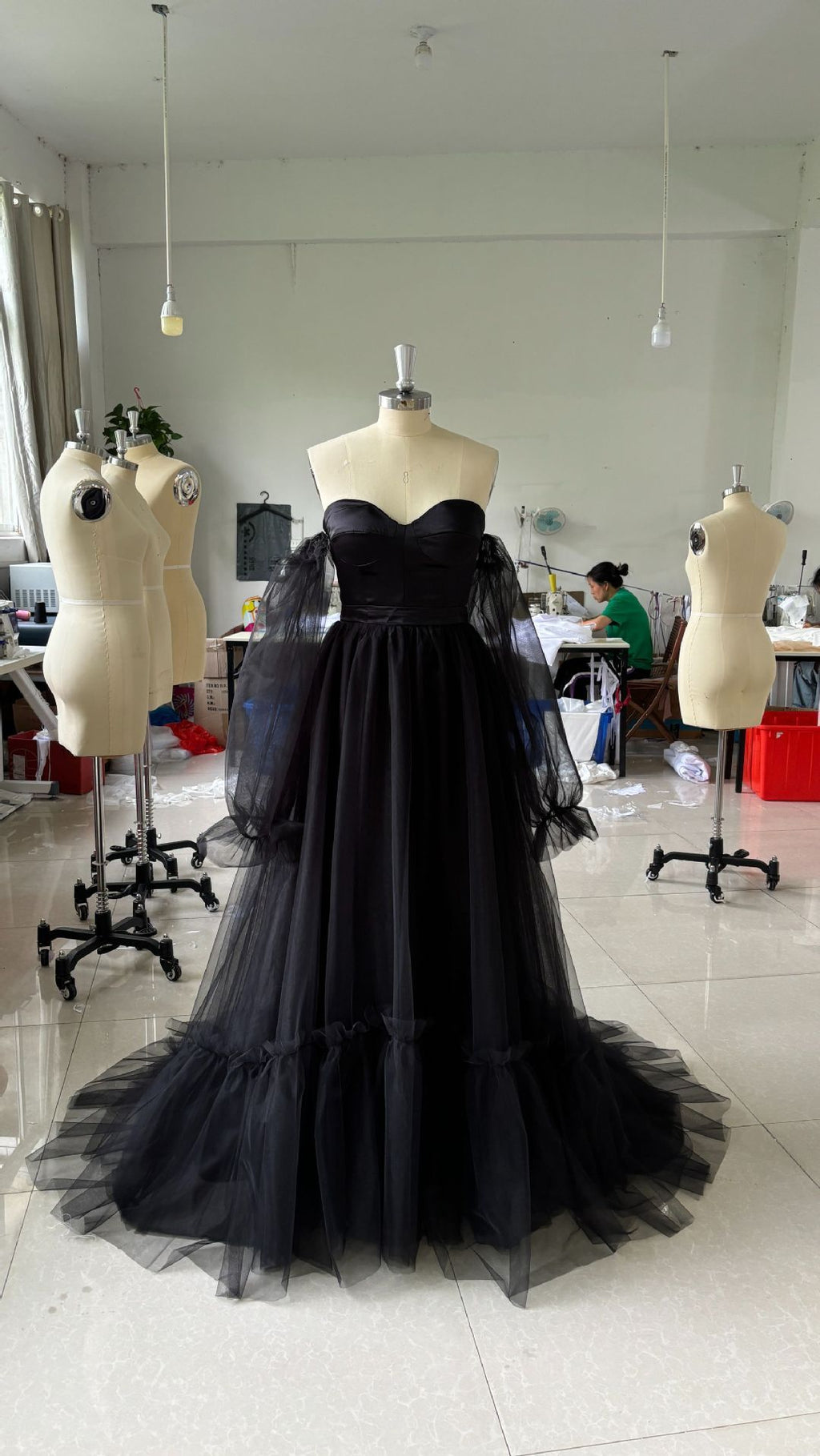 Women's Black Long Sleeve Transparent Lace Wedding Dress