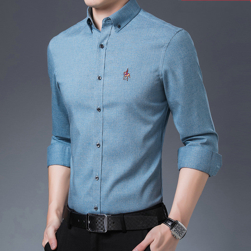 Men's Slim Fit Long-Sleeve Bamboo Fiber Business Shirt with Fine Grid Pattern