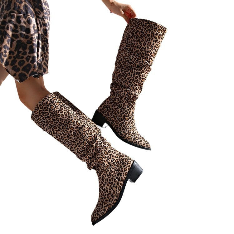 Bottes pour femmes à talon mi-épais, bout carré et imprimé léopard