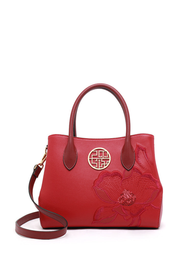 Mother's Day Birthday Gift Tote Bag for Mom – Red & Dark Blue Leather, Zipper Closure, 23cm x 30cm