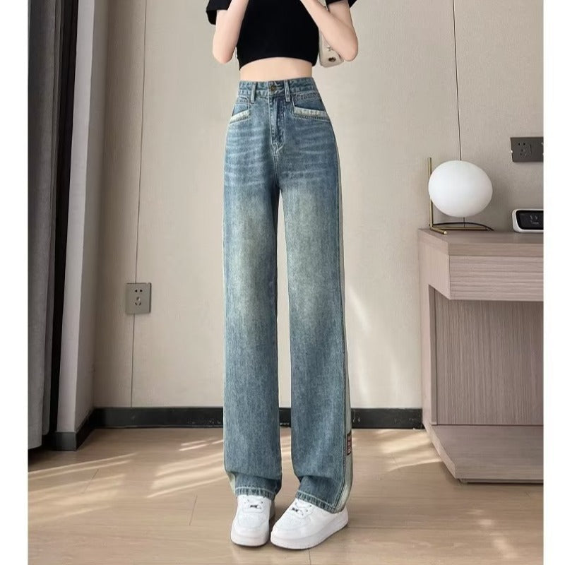 Jeans d'été en coton bleu coupe droite amples style rétro pour femme