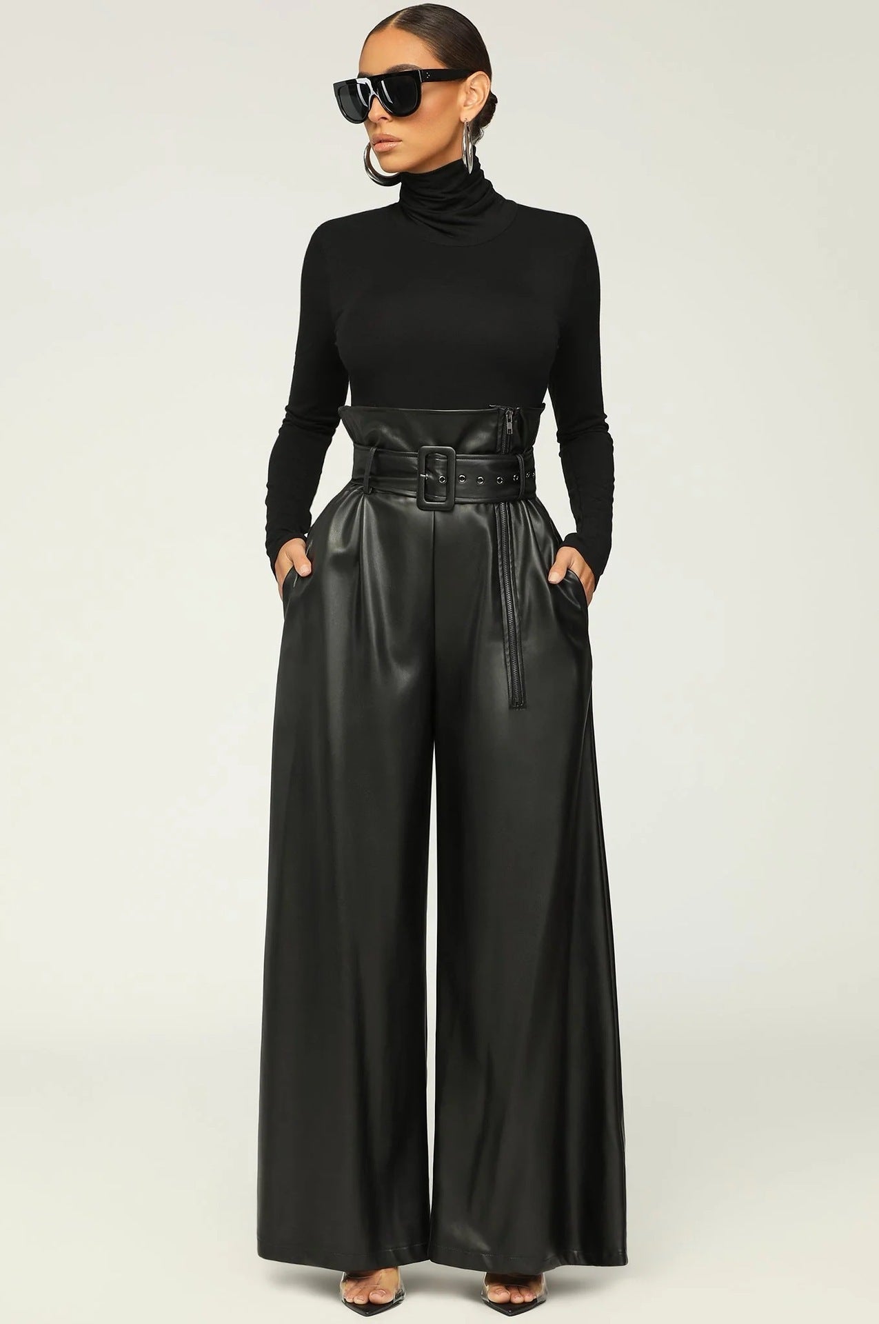 High Waist PU Leather Pants Metal Belt Wide Leg Trousers