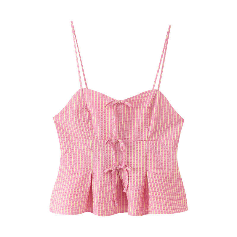 Pink Bow Striped Top with Wide Leg Pants Set