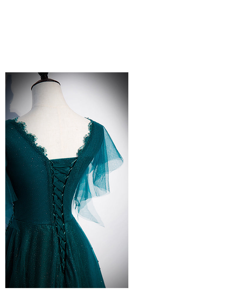 Dark Green Deep V-Neck Evening Dress for Female Host Banquet Performance