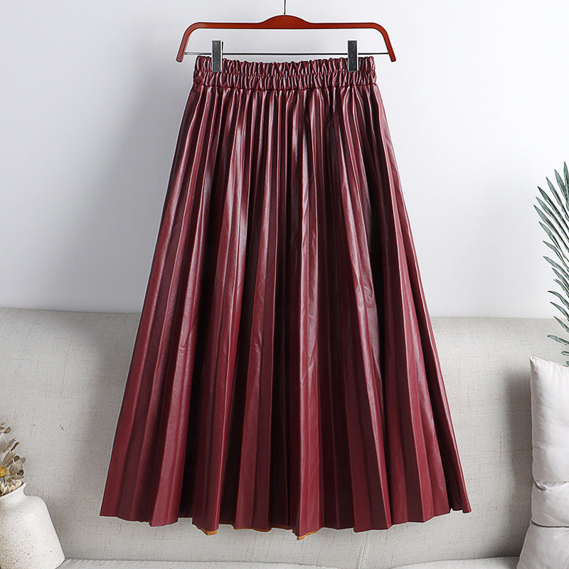 High Waist Mid-Length PU Leather Pleated Skirt for Women Solid Color