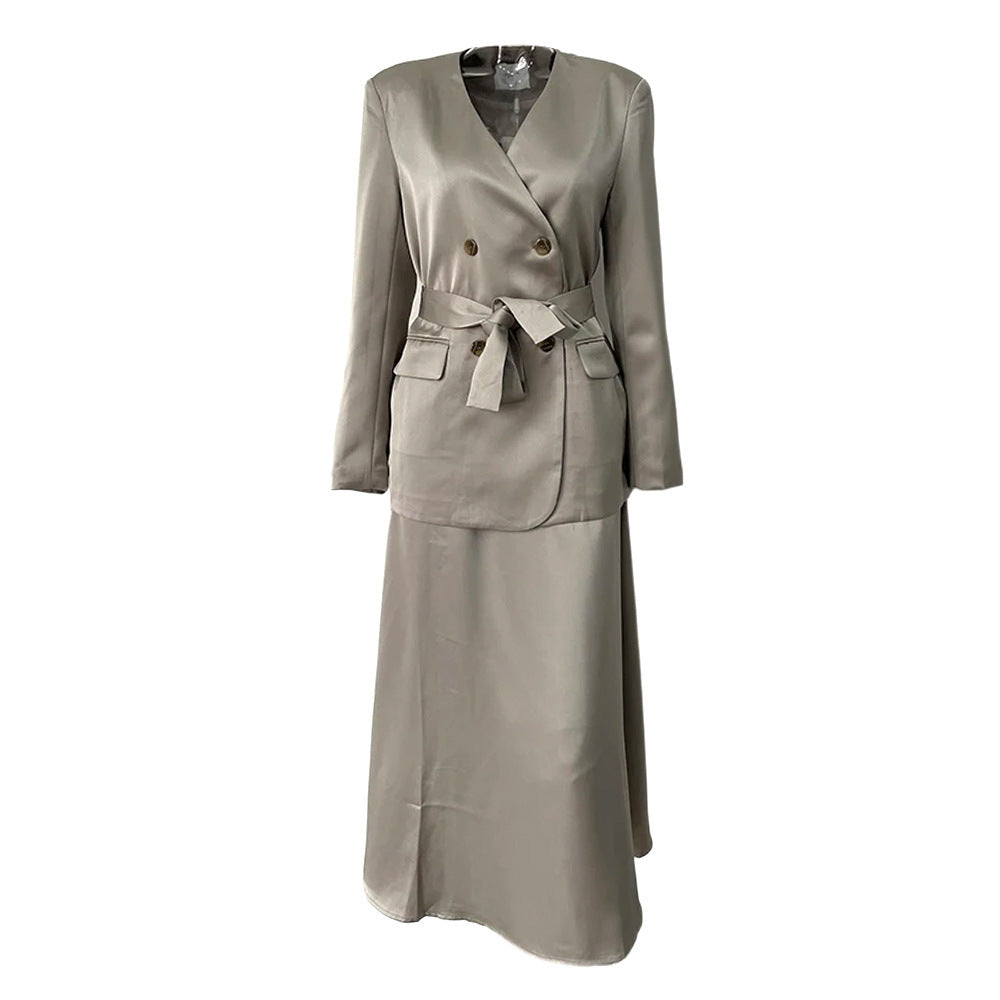 Double Breasted Women's Suit Jacket and Skirt Set in Solid Colors