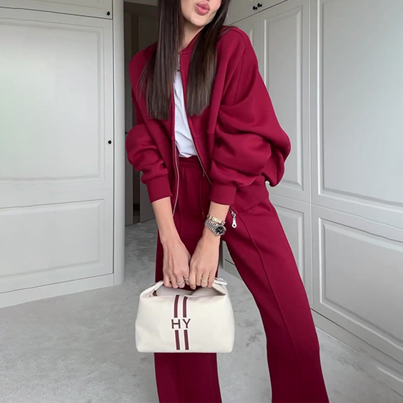 Solid Color Gray Polyester Zip Sweater & Casual Trousers Suit for Women