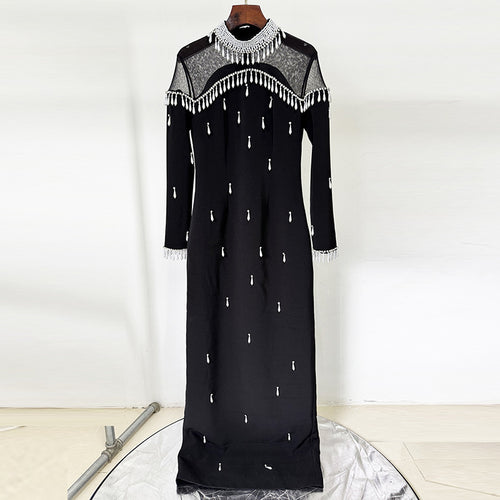 Pearl Bead & Diamond-Embellished Mesh Panel Maxi Dress for Women