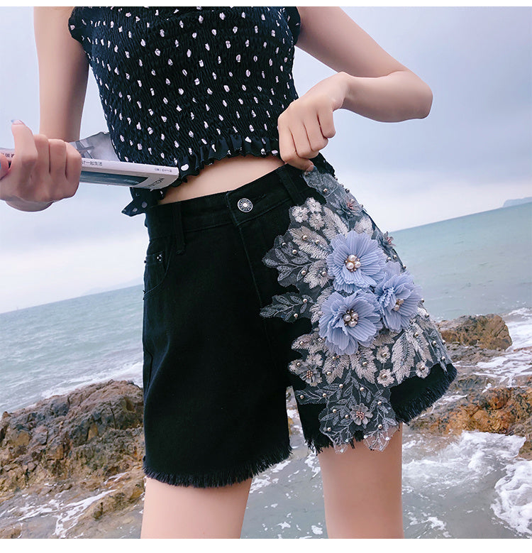 Women's High Waist Denim Shorts with Heavy Industry Applique for Spring and Summer