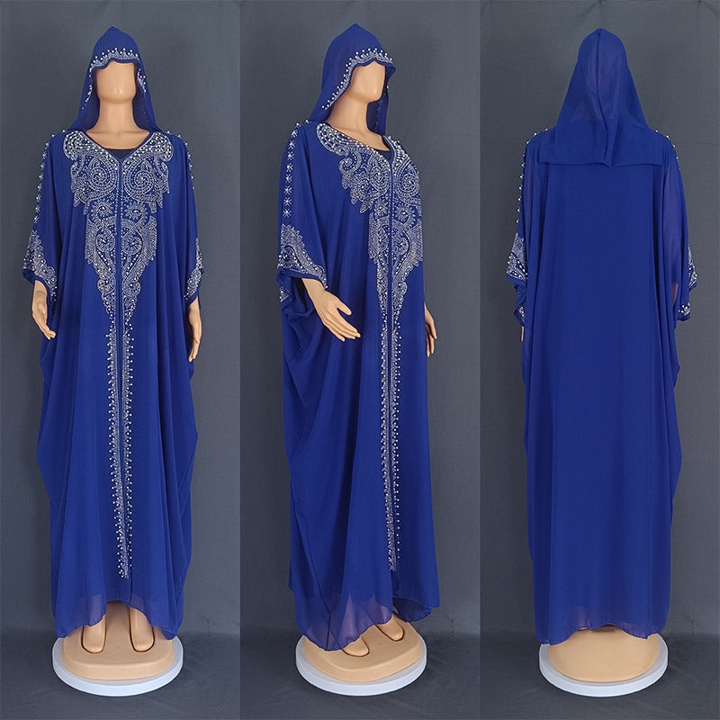 Rhinestone Beaded Muslim Hooded Long Gown Dress