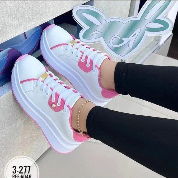 Women's White Lace-Up Platform Wedge Shoes Mid Heel