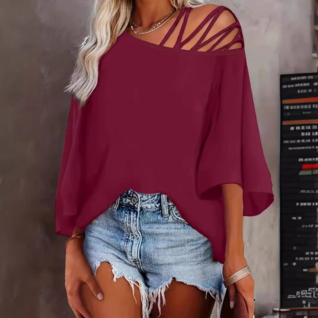 Women's Summer Off-Shoulder Loose Solid Color Top Polyester S-XXL