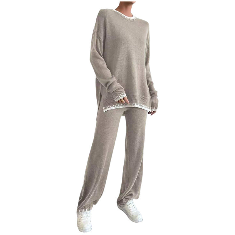 Ensemble deux pièces pull et pantalon en maille contrastante pour femme