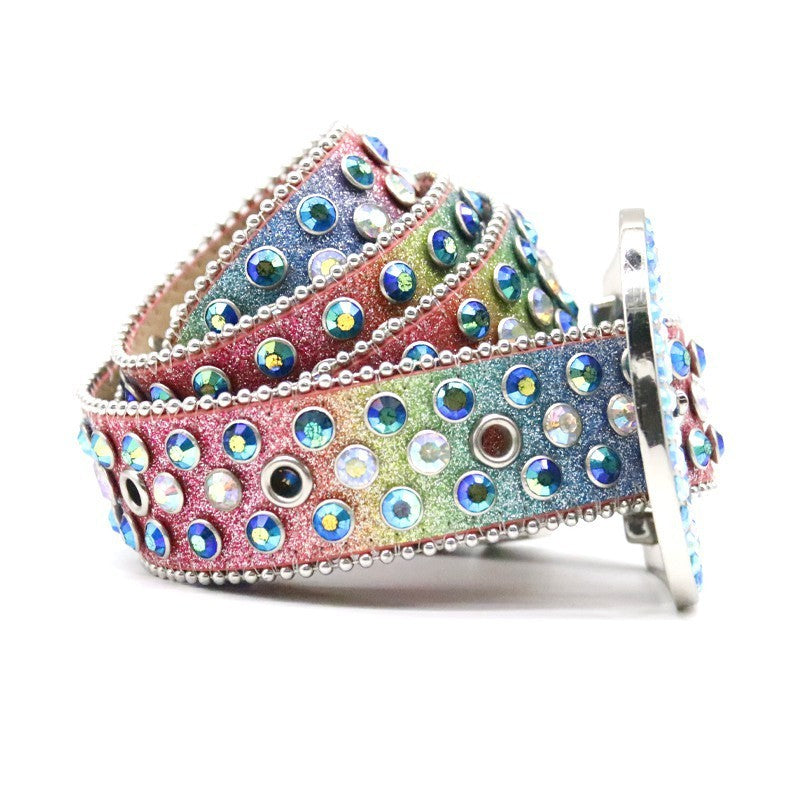 Fashion Rhinestone Thin PU Leather Belt for Women and Men