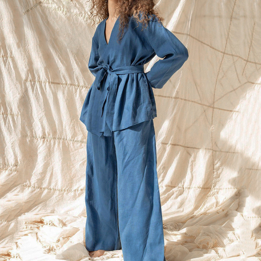Cotton Linen Women’s Lace-Up Long Sleeve Pajama Set
