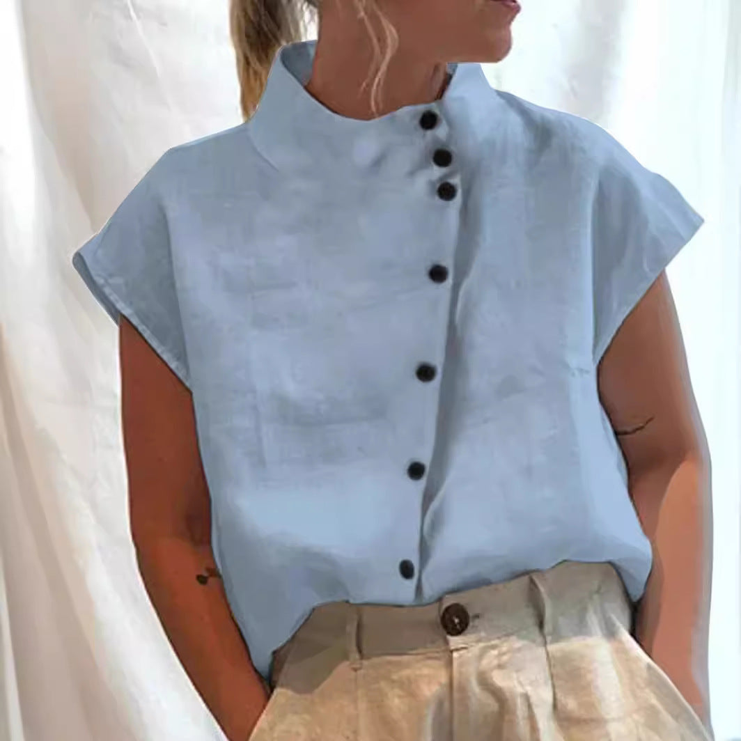 Chemise décontractée en coton et lin pour femme, col montant, coupe ample
