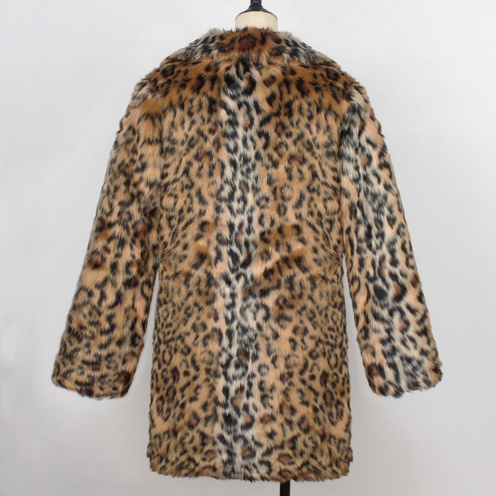 Manteau mi-long en fausse fourrure à imprimé léopard avec col tailleur et manches longues pour femme