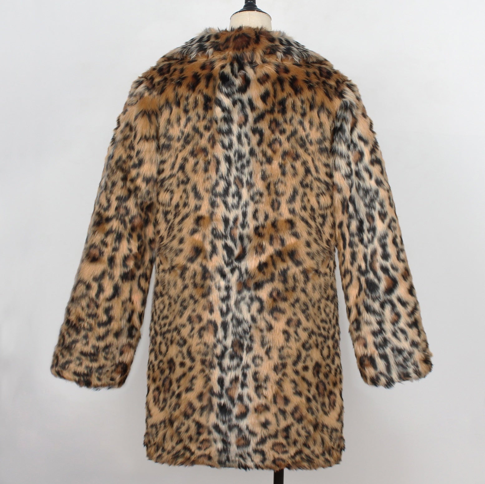 Manteau mi-long en fausse fourrure à imprimé léopard avec col tailleur et manches longues pour femme