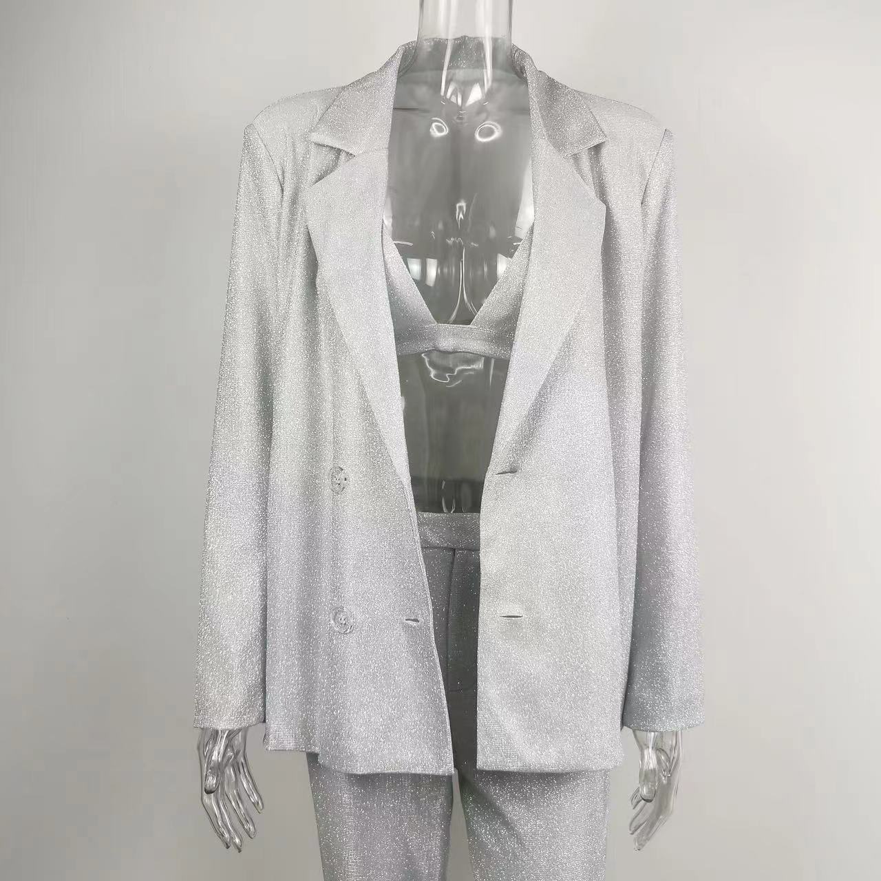 Glitter Polyester Suit Jacket with Straight Leg Pants
