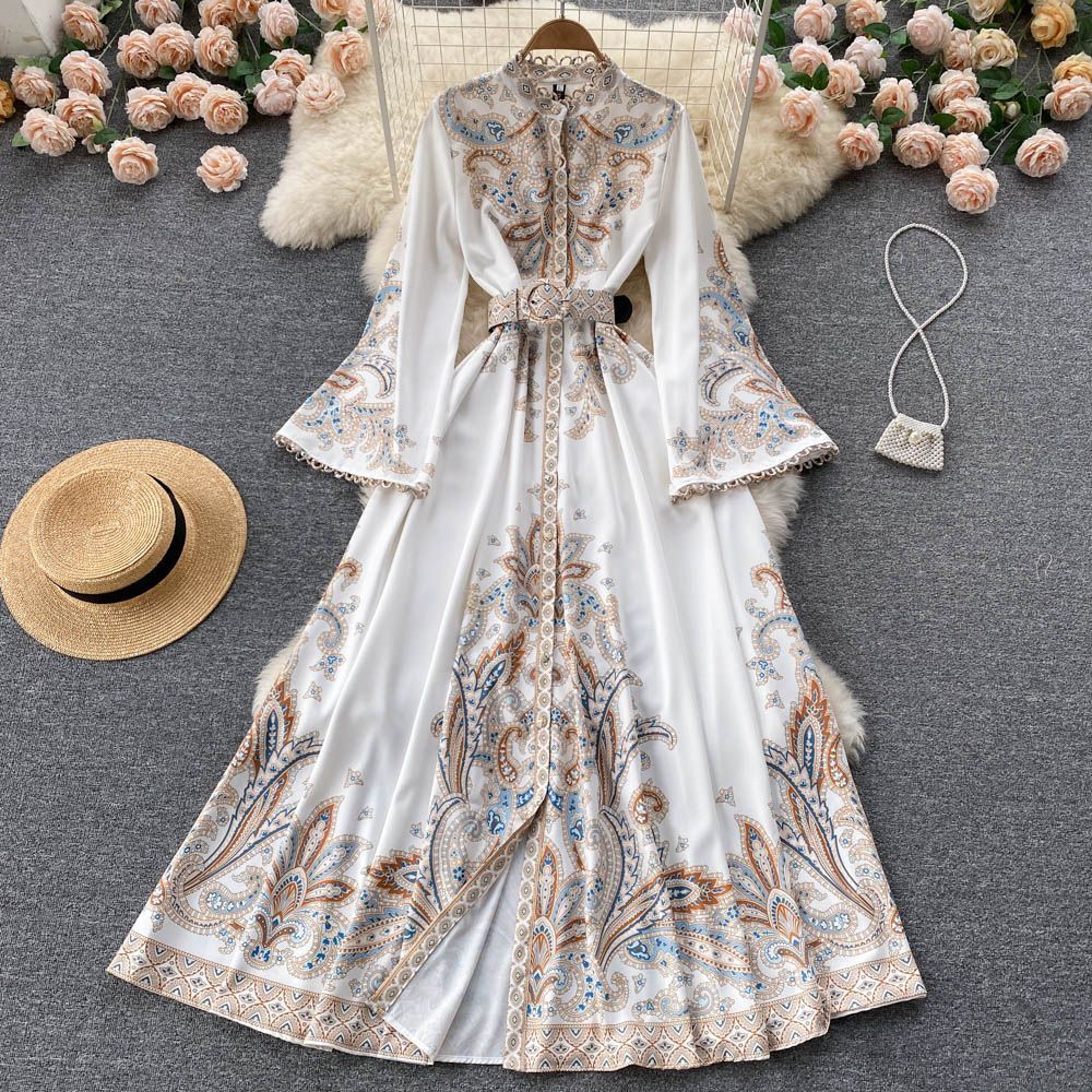 Retro Middle East Style White Bell Sleeve Dress
