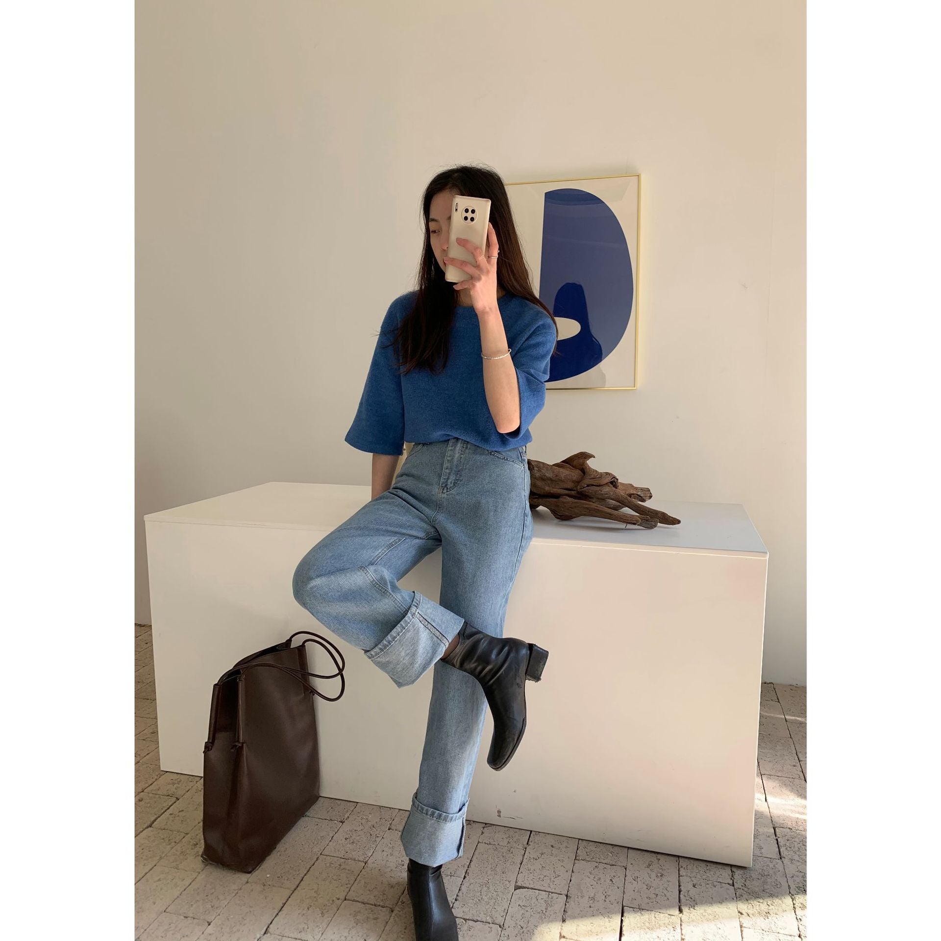 High Waist Light Blue Denim Wide Leg Pants