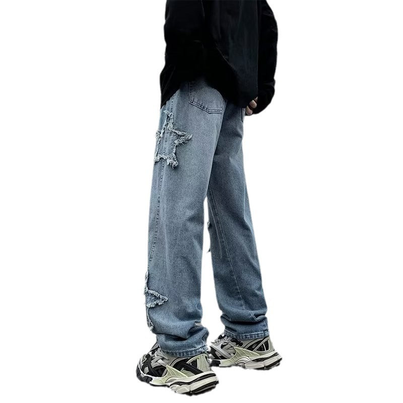 Men's Blue Loose Straight Denim Pants Mid Waist