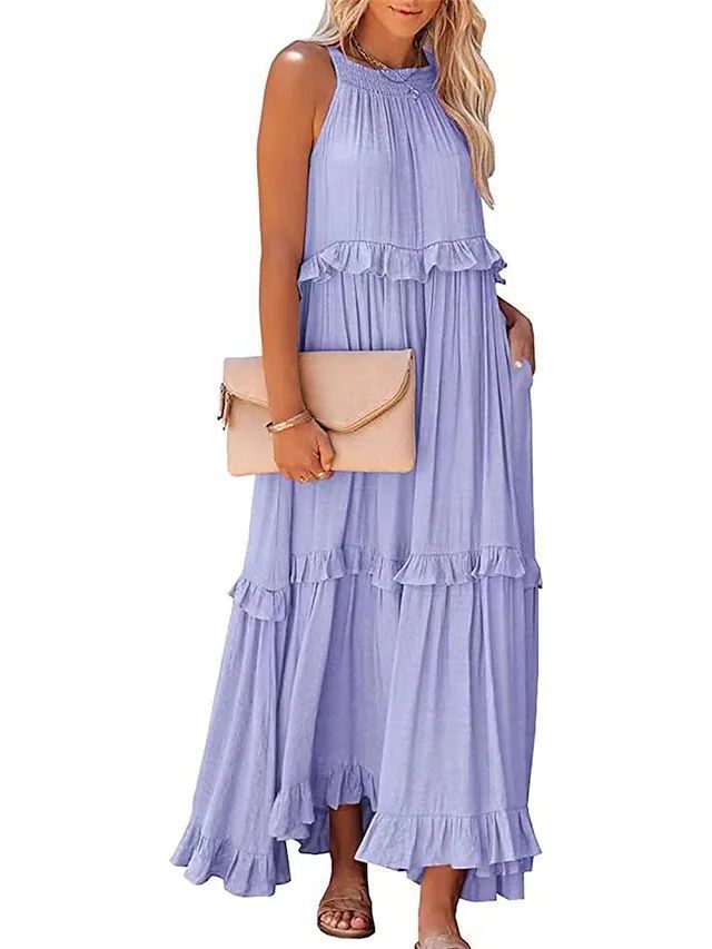 Robe longue d'été à volants, dos nu, col halter, pour femmes