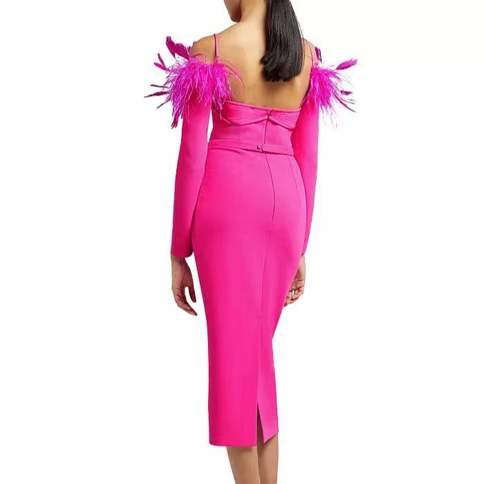 Summer Feather Long Sleeve Bandage One-Piece Dress