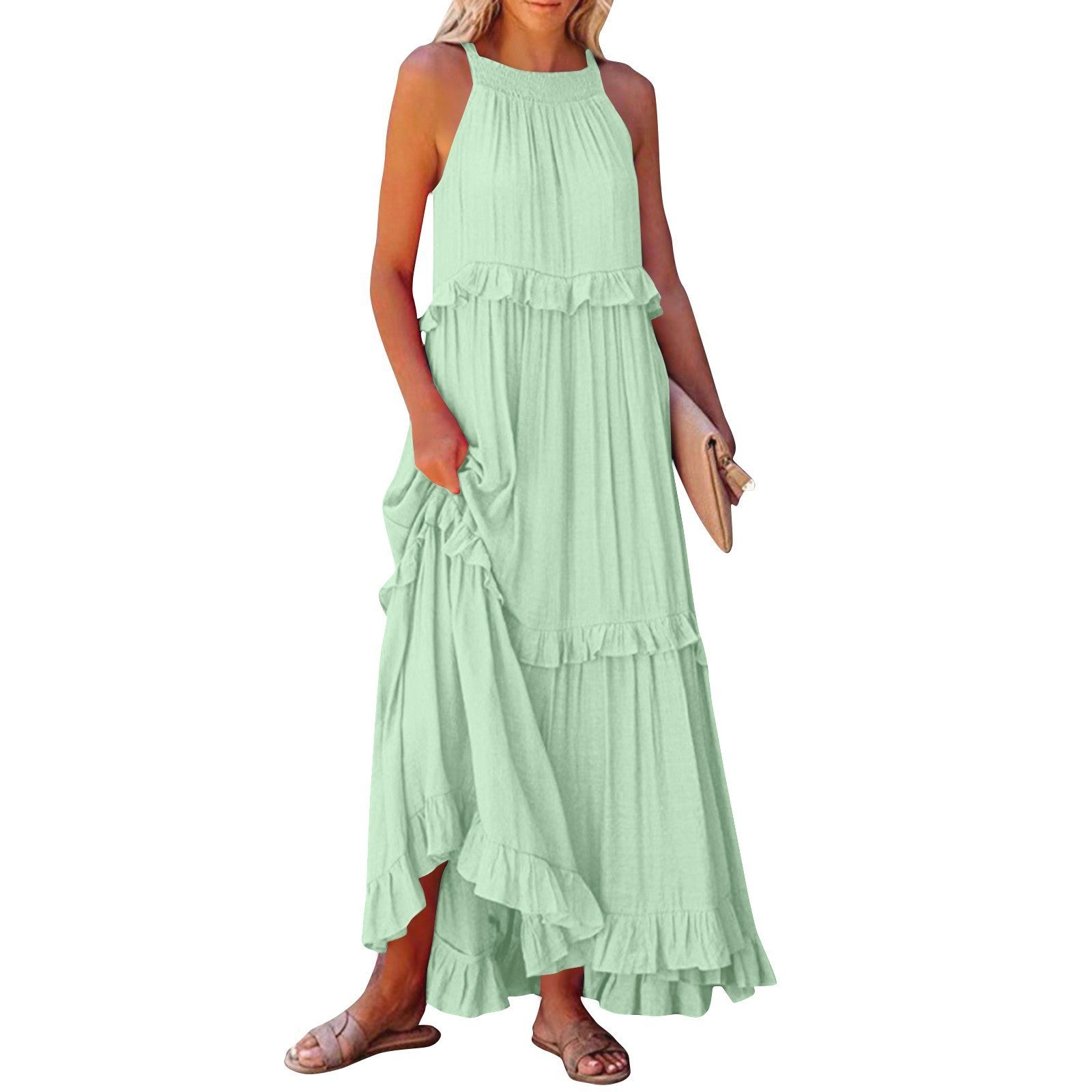 Robe longue d'été à volants, dos nu, col halter, pour femmes