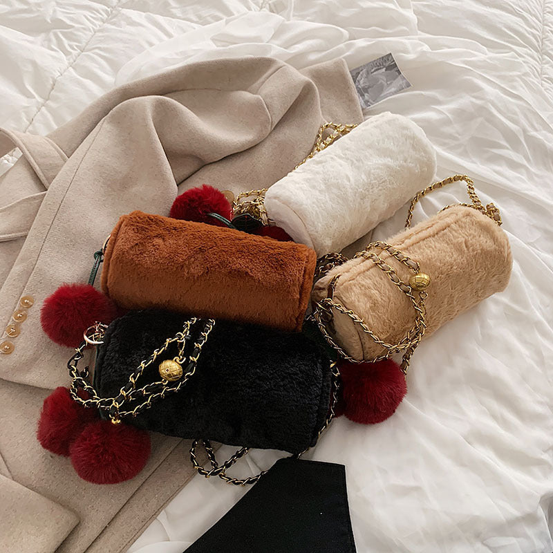 Winter Plush Cylinder Baguette Bag with Cherry Metal Chain