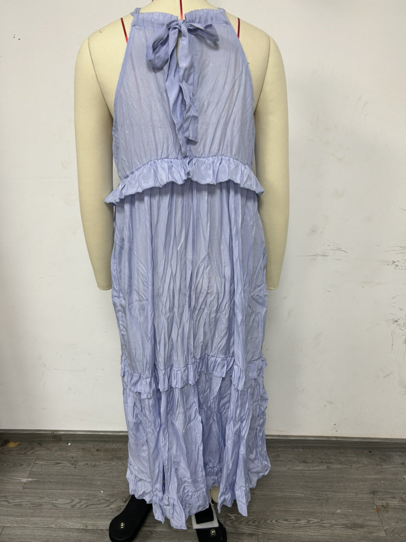 Summer Vacation Style Halter Neck Long Dresses Women Fashion Backless Leace-up Loose Ruffles Beach Dress Elegant Ladies Vestidos