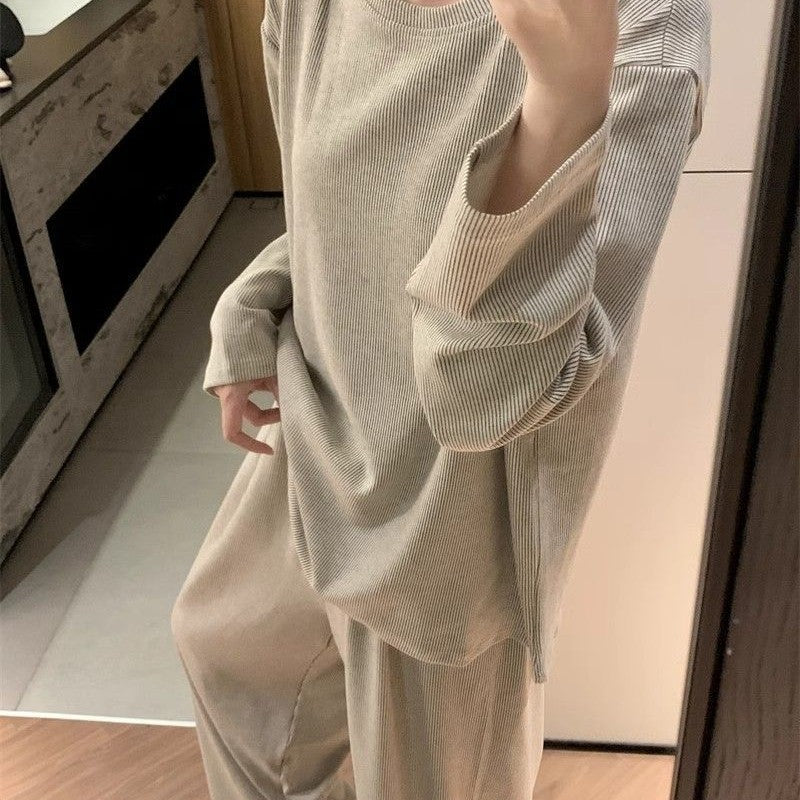 Striped Gray Brown Polyester Pajamas for Women, Long Sleeve, Sizes M-XXL