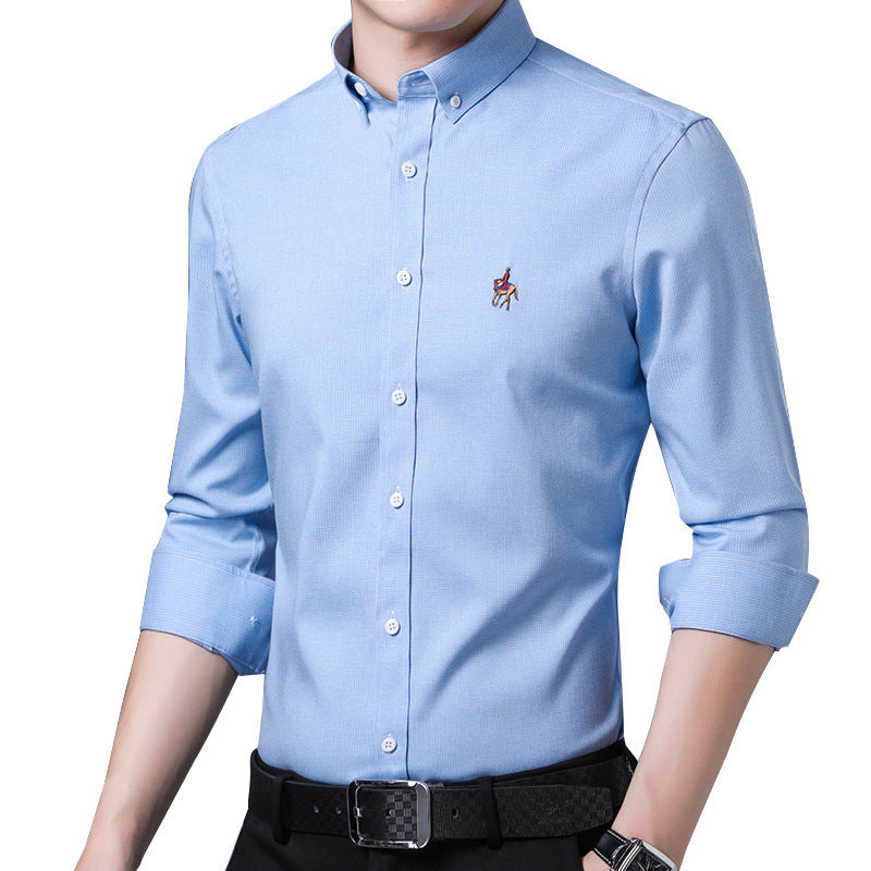 Men's Long-sleeved Bamboo Fiber Solid Color Fine Grid Stretch Business Slim Shirt