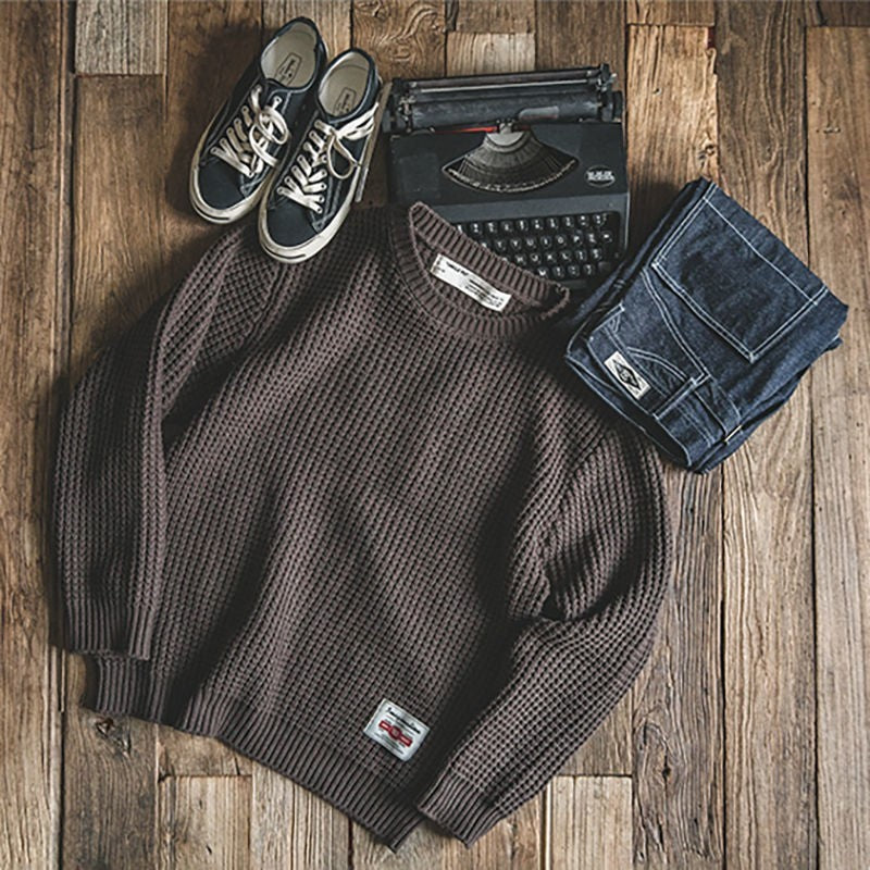 Men's Round Neck Thick Wool Knit Sweater Loose Fit