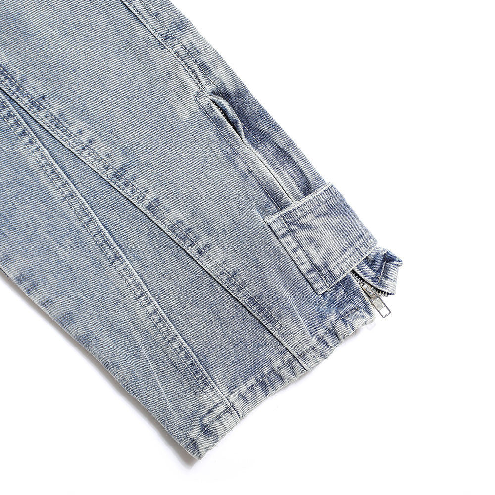 Solid Blue Patchwork Straight-Leg Jeans for Men Cotton
