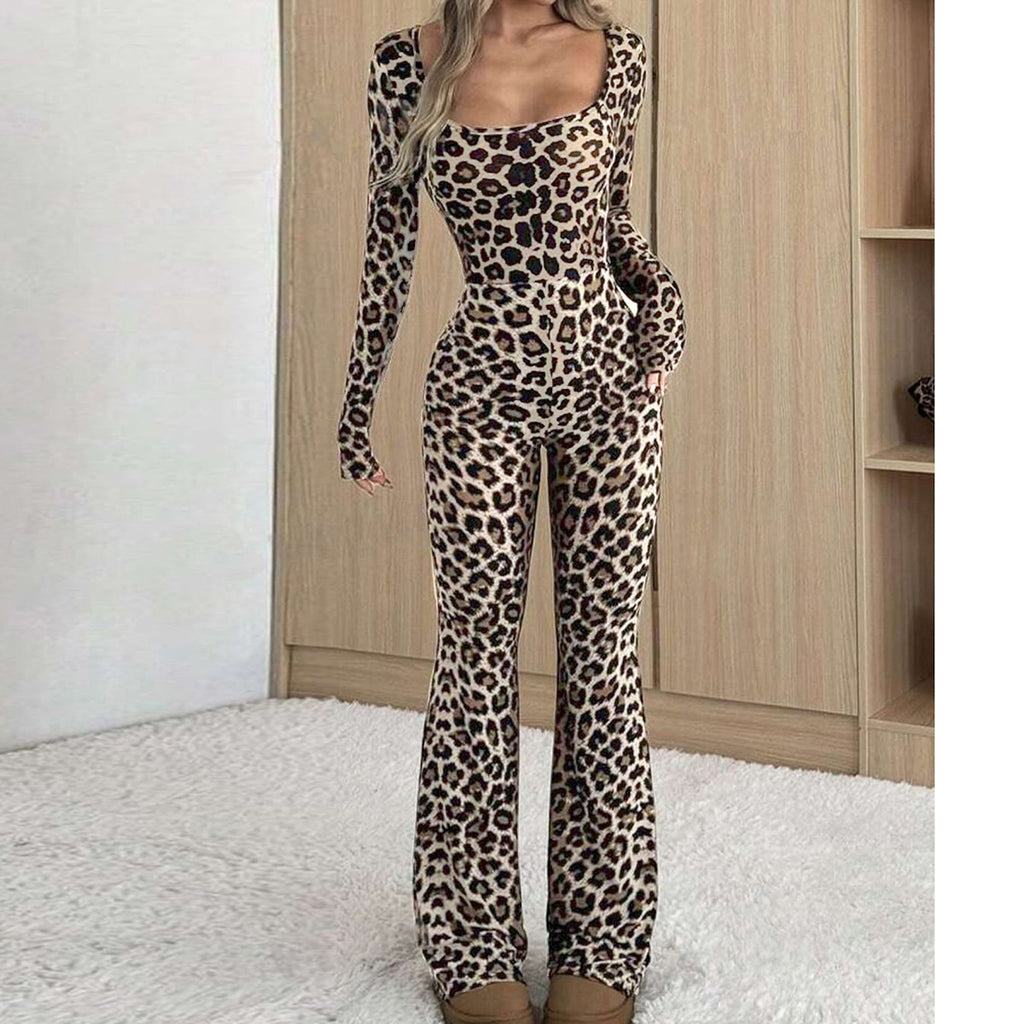Women's Slim-Fit Leopard Print Square Collar Jumpsuit