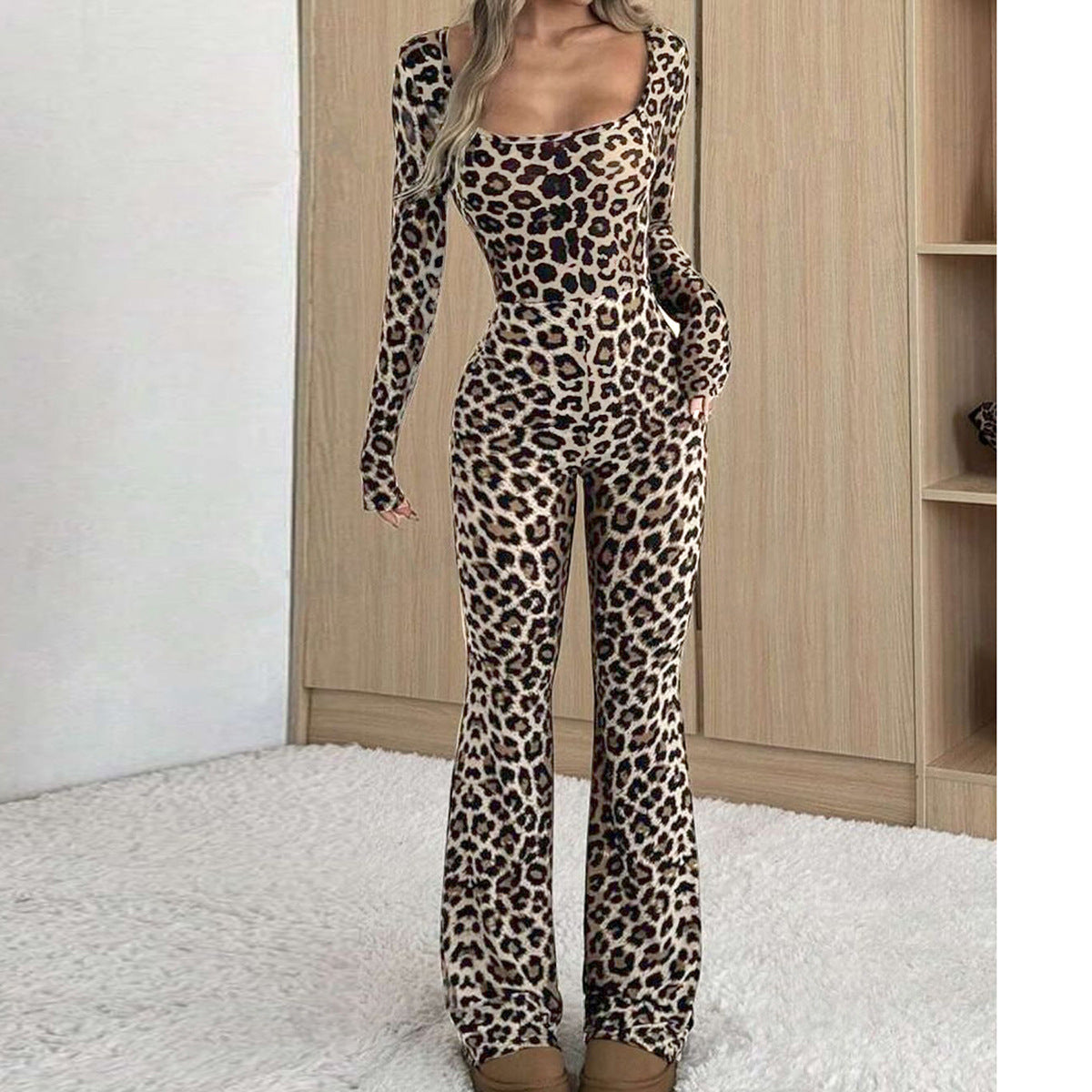 Women's Slim-Fit Leopard Print Square Collar Jumpsuit