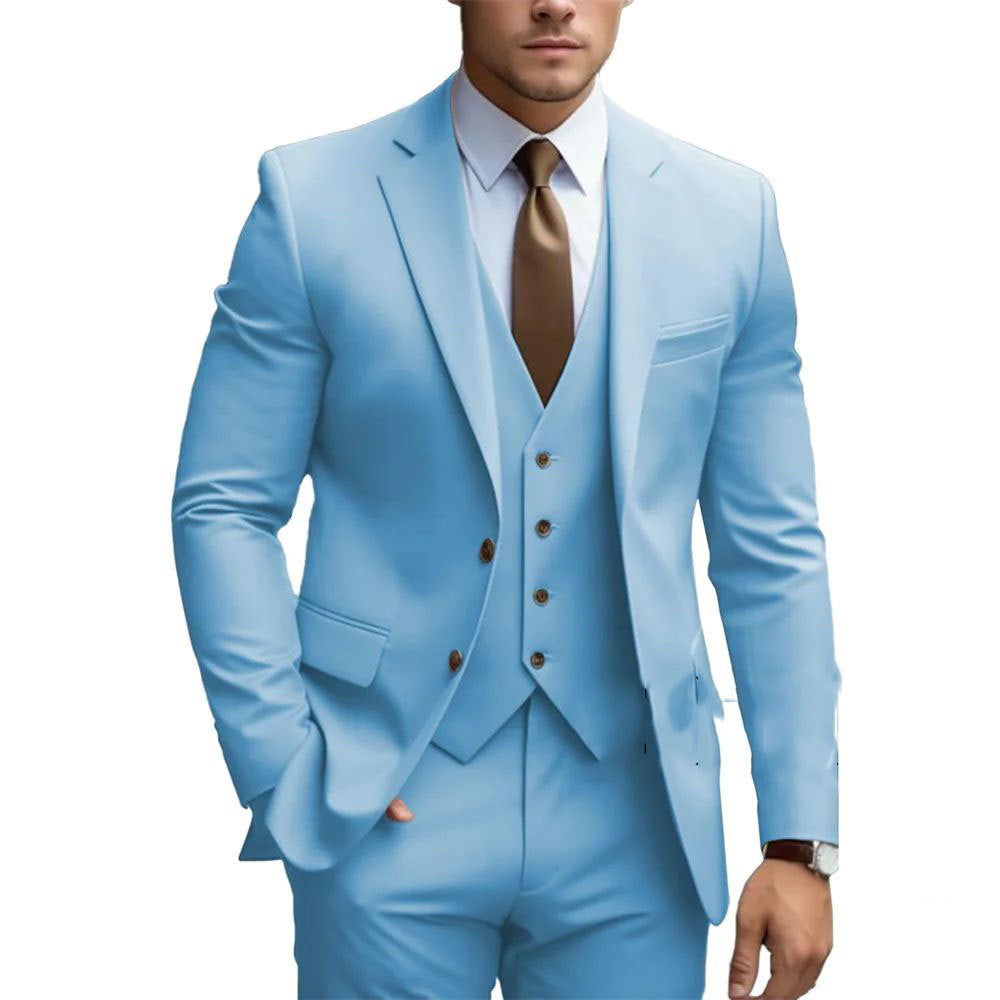Men's Business Casual Slim Fit Three-Piece Suit Cotton Blend
