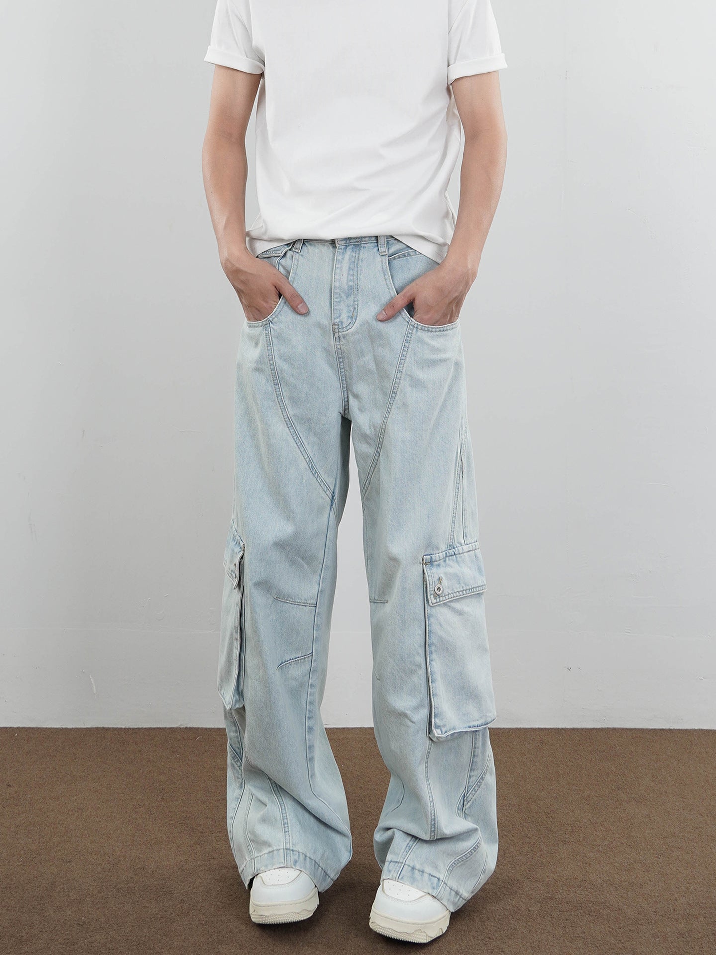 American Retro Gender-Free Blue Cotton Casual Pants Mid Waist S-3XL