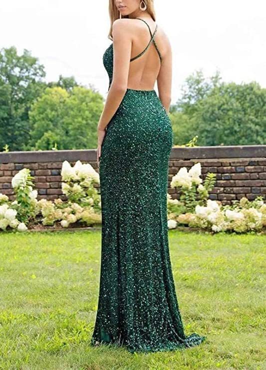 Sequined Lace Back Hollow Out V-Neck Dress
