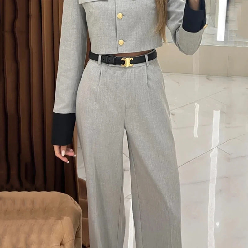 Ensemble pantalon large gris élégant en polyester pour femme