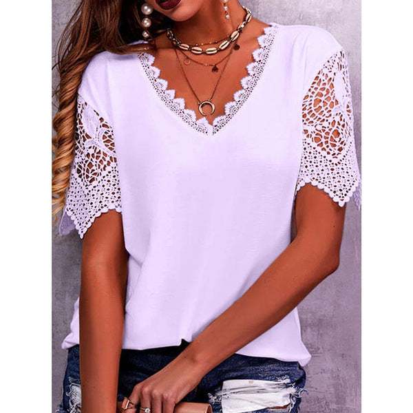 Women’s Summer Lace V Neck Loose Short Sleeve Casual Tops