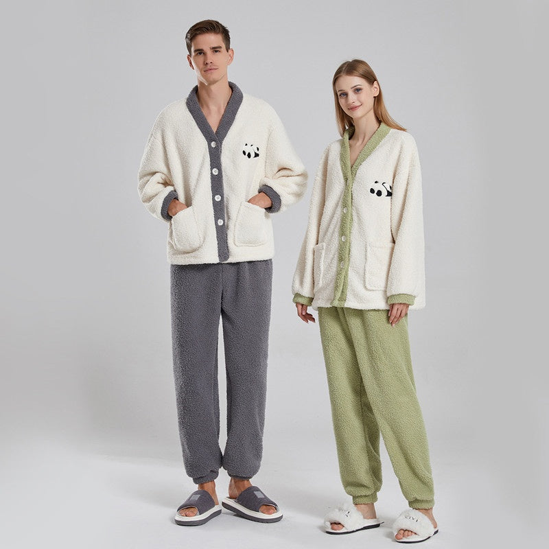 Winter Couple Pajamas Women Thickened Coral Fleece Half Velvet Cartoon Panda Suit