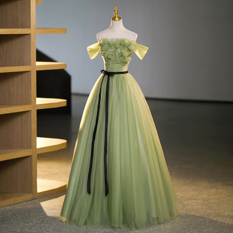 Ladies Retro Green Embroidered Bridal Toast Dress Mid-Waist