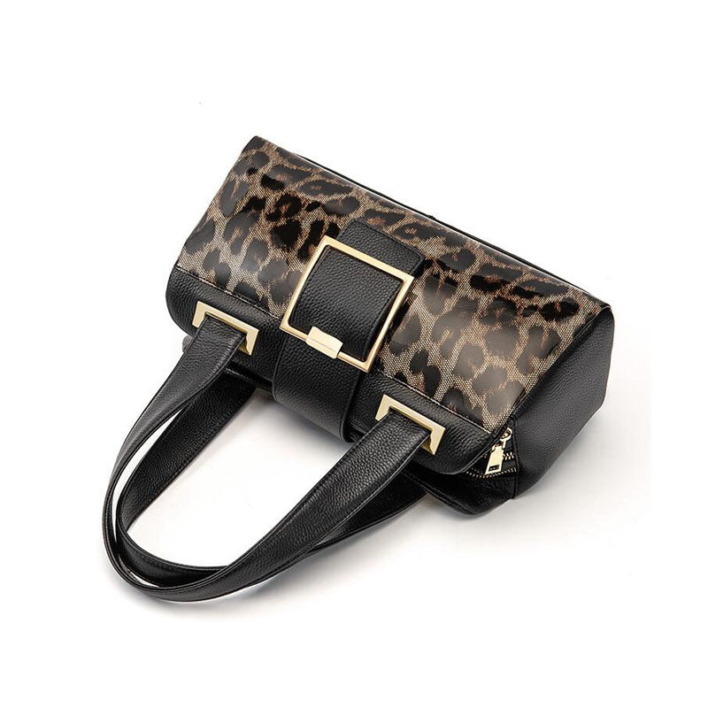 Large-Capacity Cowhide Leopard Print One-Shoulder Messenger Bag for Women
