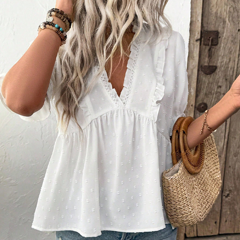 Women's White Lace Short-Sleeve Fur Ball Shirt with Cut Flower Design